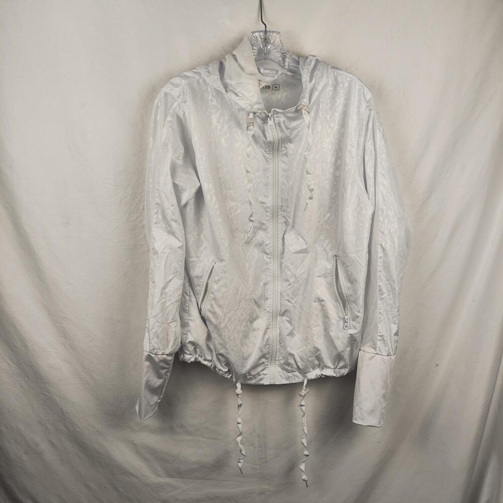 Zyia Active Jacket Womens Medium White Hooded Zip Windbreaker Animal Print
